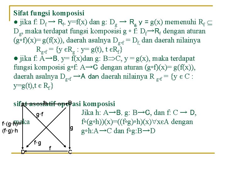 Sifat fungsi komposisi ● jika f: Df → Rf, y=f(x) dan g: Dg →