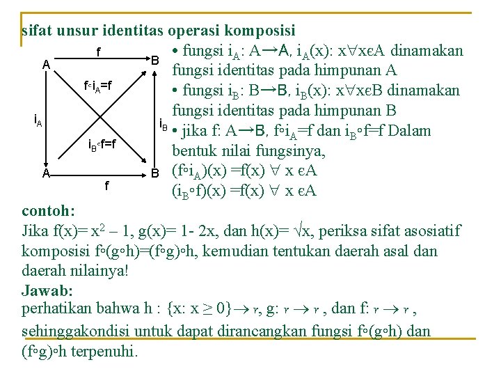 sifat unsur identitas operasi komposisi • fungsi i. A: A→A, i. A(x): x xє