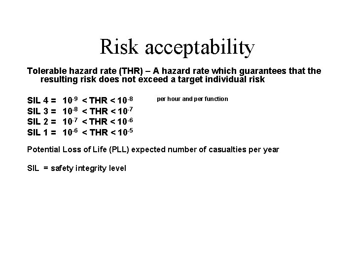 Risk acceptability Tolerable hazard rate (THR) – A hazard rate which guarantees that the