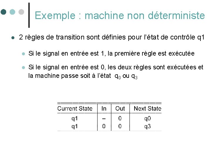 Exemple : machine non déterministe l 2 règles de transition sont définies pour l’état