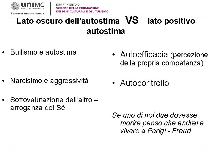 Lato oscuro dell’autostima VS autostima • Bullismo e autostima lato positivo • Autoefficacia (percezione Lato oscuro dell’autostima VS autostima • Bullismo e autostima lato positivo • Autoefficacia (percezione
