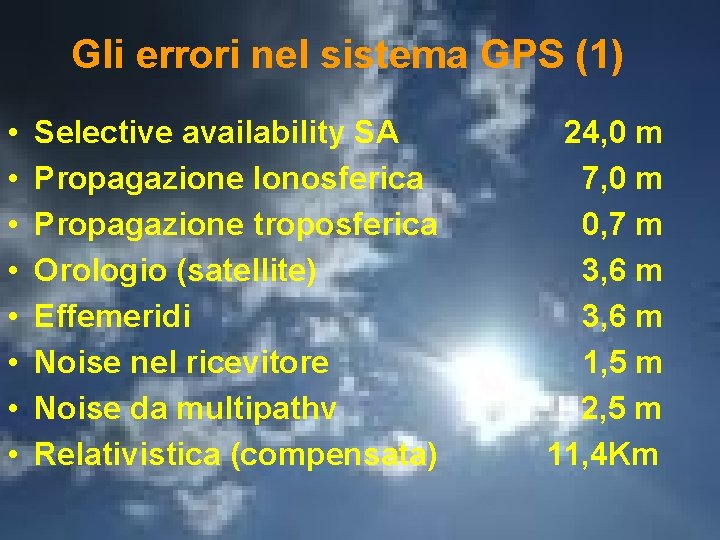 Gli errori nel sistema GPS (1) • • Selective availability SA Propagazione Ionosferica Propagazione