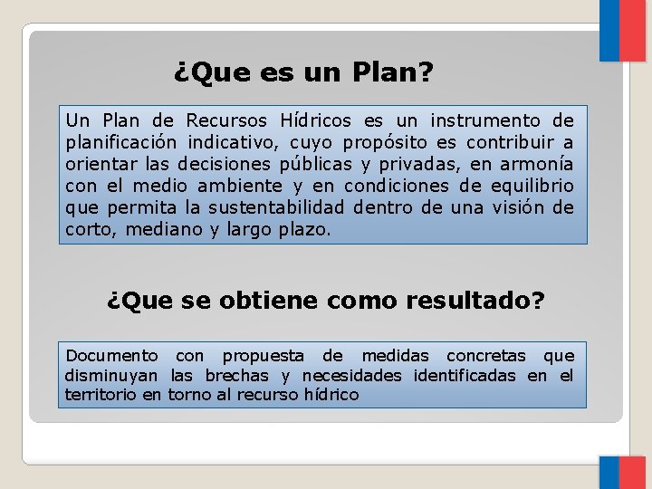 ¿Que es un Plan? Un Plan de Recursos Hídricos es un instrumento de planificación