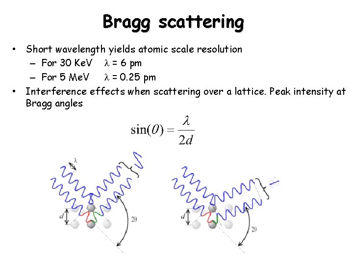 Bragg scattering • Short wavelength yields atomic scale resolution – For 30 Ke. V