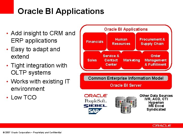 Oracle BI Applications • Add insight to CRM and • • ERP applications Easy