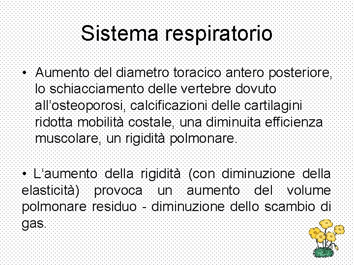 Sistema respiratorio • Aumento del diametro toracico antero posteriore, lo schiacciamento delle vertebre dovuto