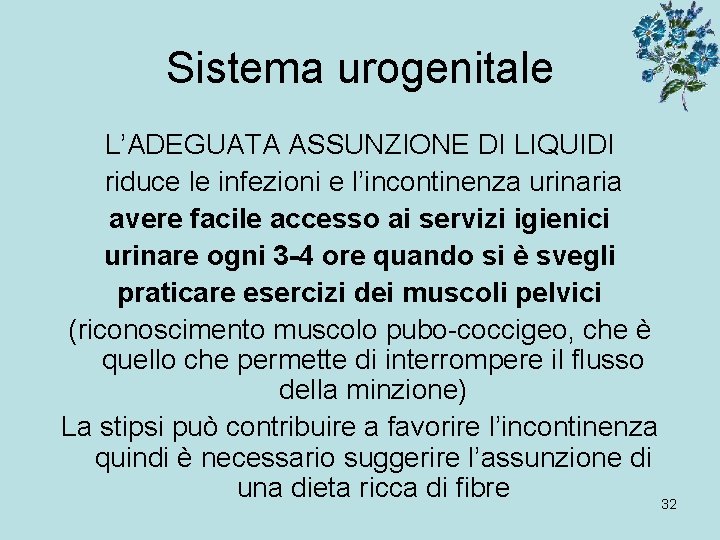 Sistema urogenitale L’ADEGUATA ASSUNZIONE DI LIQUIDI riduce le infezioni e l’incontinenza urinaria avere facile