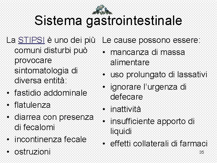 Sistema gastrointestinale La STIPSI è uno dei più comuni disturbi può provocare sintomatologia di