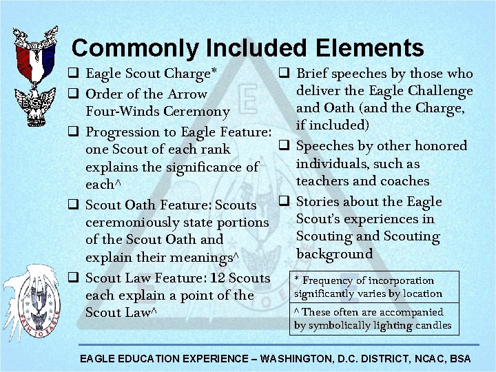 Commonly Included Elements q Eagle Scout Charge* q Brief speeches by those who deliver