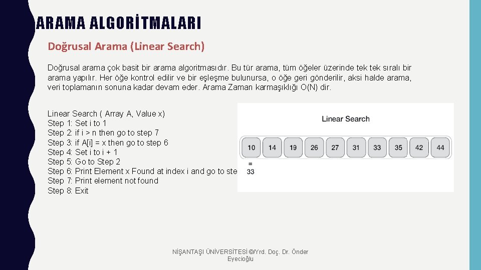 ARAMA ALGORİTMALARI Doğrusal Arama (Linear Search) Doğrusal arama çok basit bir arama algoritmasıdır. Bu