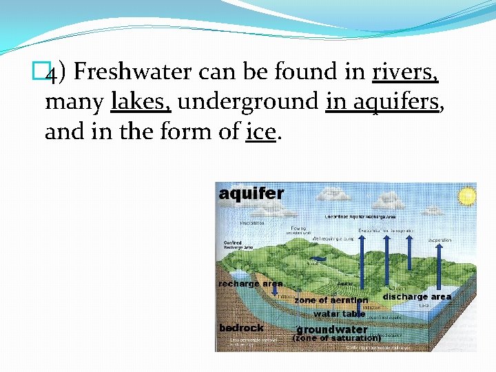 � 4) Freshwater can be found in rivers, many lakes, underground in aquifers, and