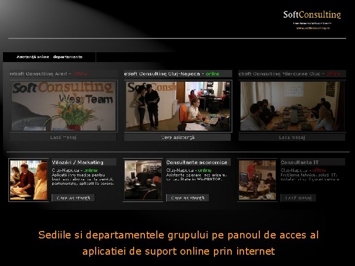 Sediile si departamentele grupului pe panoul de acces al aplicatiei de suport online prin