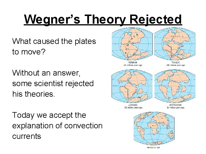 Wegner’s Theory Rejected What caused the plates to move? Without an answer, some scientist