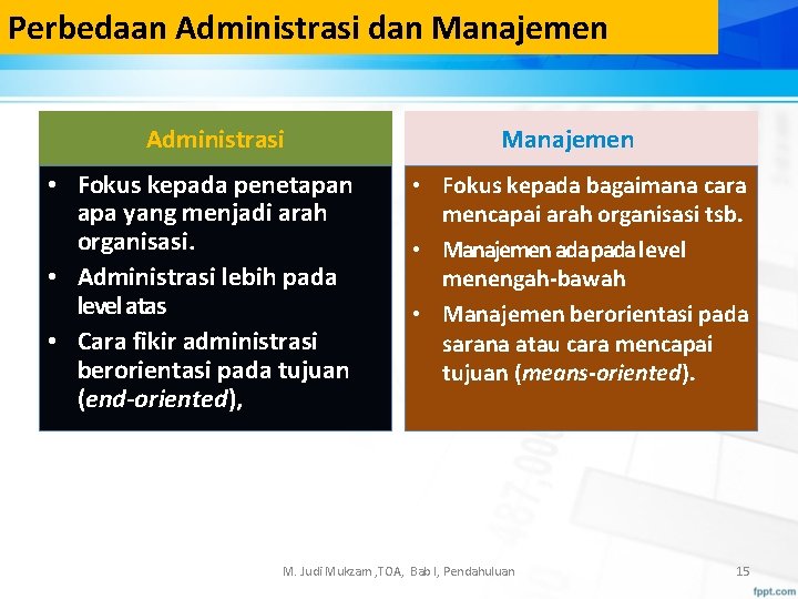 Perbedaan Administrasi dan Manajemen Administrasi • Fokus kepada penetapan apa yang menjadi arah organisasi.