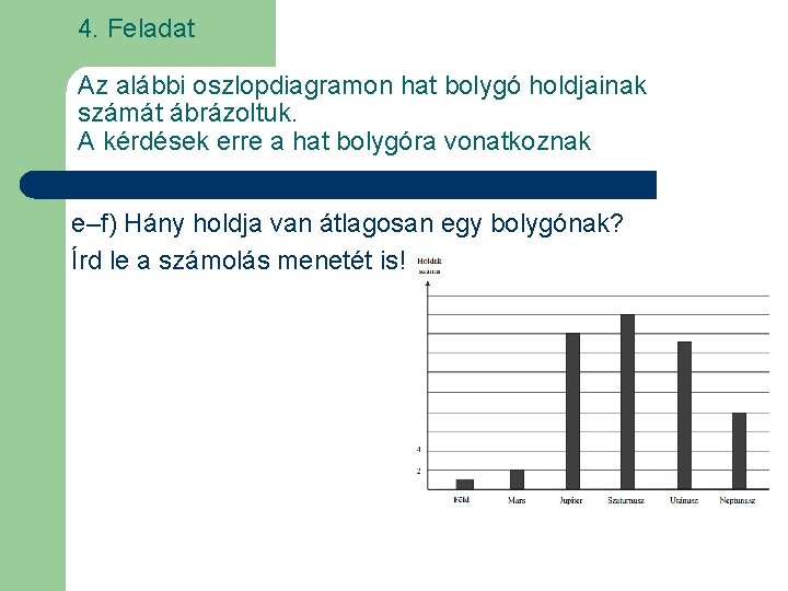 4. Feladat Az alábbi oszlopdiagramon hat bolygó holdjainak számát ábrázoltuk. A kérdések erre a