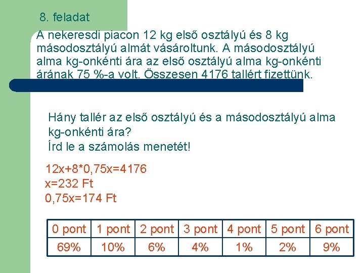 8. feladat A nekeresdi piacon 12 kg első osztályú és 8 kg másodosztályú almát