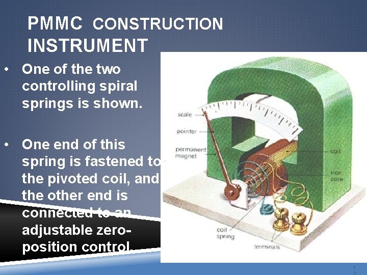 PMMC CONSTRUCTION INSTRUMENT • One of the two controlling spiral springs is shown. •