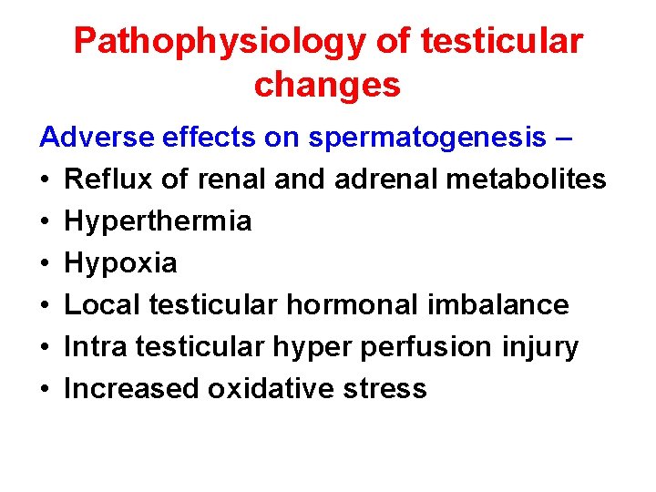 Pathophysiology of testicular changes Adverse effects on spermatogenesis – • Reflux of renal and Pathophysiology of testicular changes Adverse effects on spermatogenesis – • Reflux of renal and