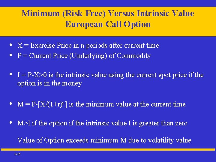 Minimum (Risk Free) Versus Intrinsic Value European Call Option • • X = Exercise