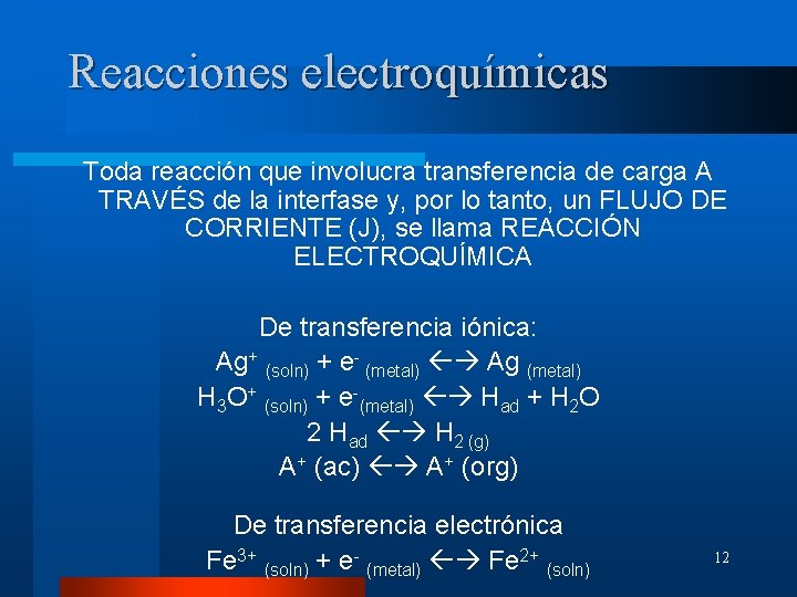 Reacciones electroquímicas Toda reacción que involucra transferencia de carga A TRAVÉS de la interfase