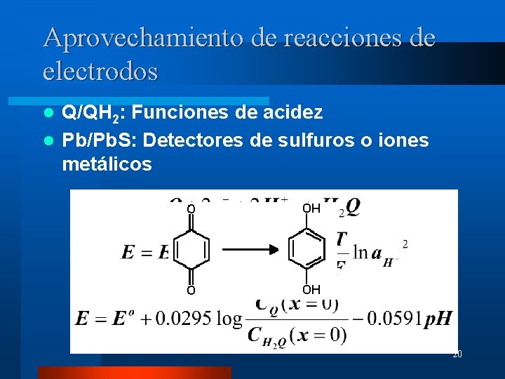 Aprovechamiento de reacciones de electrodos Q/QH 2: Funciones de acidez l Pb/Pb. S: Detectores