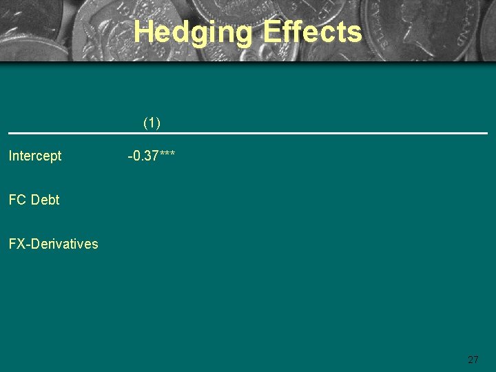 Hedging Effects (1) Intercept -0. 37*** FC Debt FX-Derivatives 27 