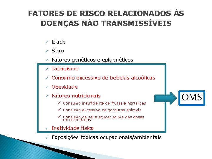 FATORES DE RISCO RELACIONADOS ÀS DOENÇAS NÃO TRANSMISSÍVEIS ü Idade ü Sexo ü Fatores