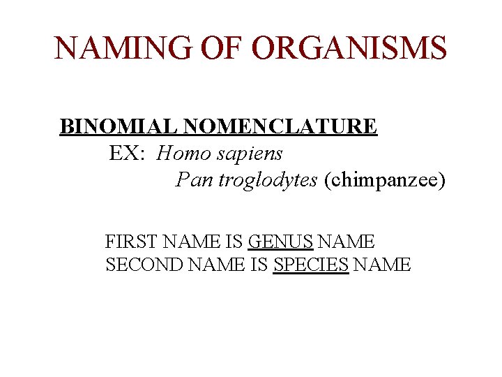 NAMING OF ORGANISMS BINOMIAL NOMENCLATURE EX: Homo sapiens Pan troglodytes (chimpanzee) FIRST NAME IS