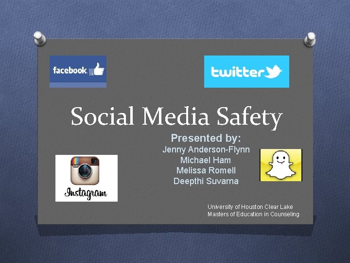 Social Media Safety Presented by: Jenny Anderson-Flynn Michael Ham Melissa Romell Deepthi Suvarna University