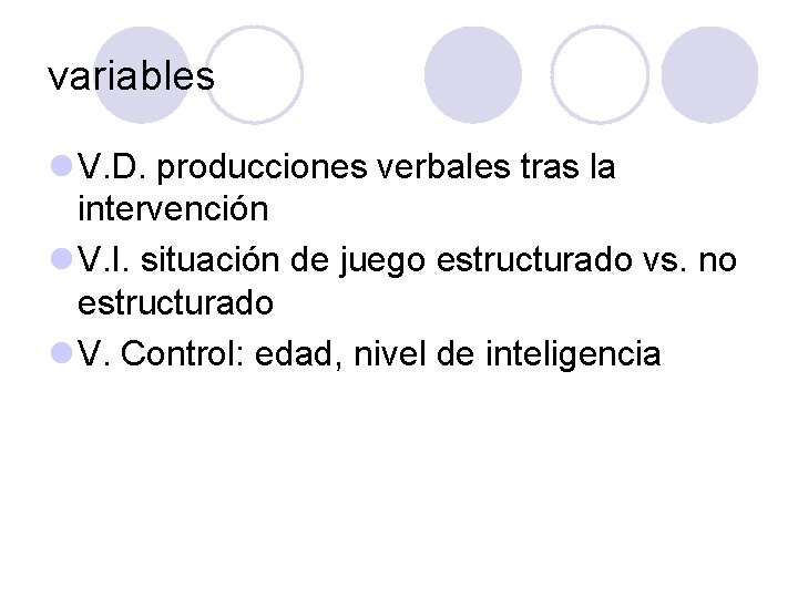 variables l V. D. producciones verbales tras la intervención l V. I. situación de