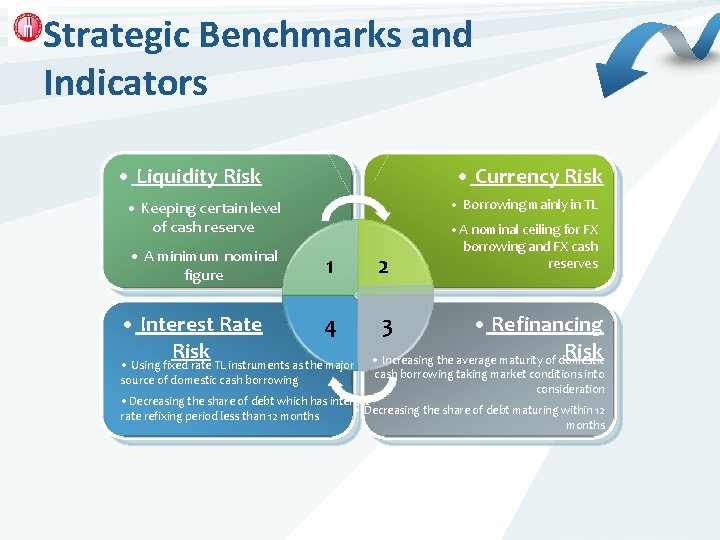 Strategic Benchmarks and Indicators • Liquidity Risk • Currency Risk • Borrowing mainly in