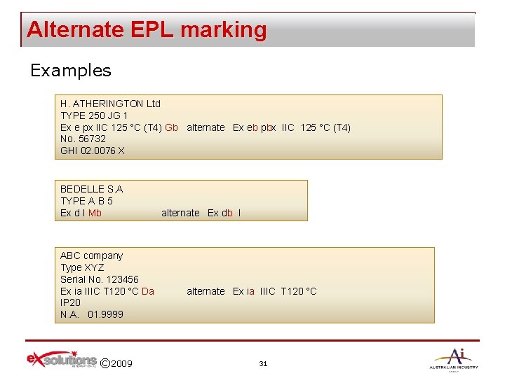 Alternate EPL marking Examples H. ATHERINGTON Ltd TYPE 250 JG 1 Ex e px