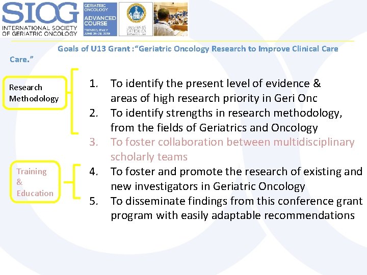  Goals of U 13 Grant : “Geriatric Oncology Research to Improve Clinical Care