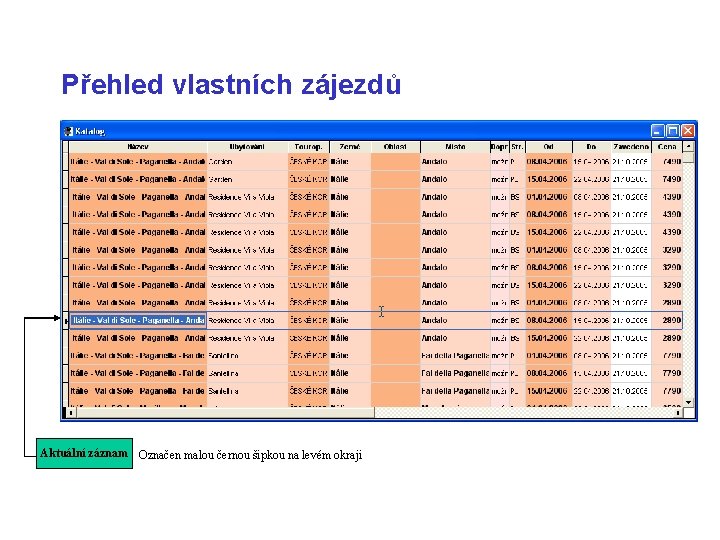 Přehled vlastních zájezdů Aktuální záznam Označen malou černou šipkou na levém okraji 