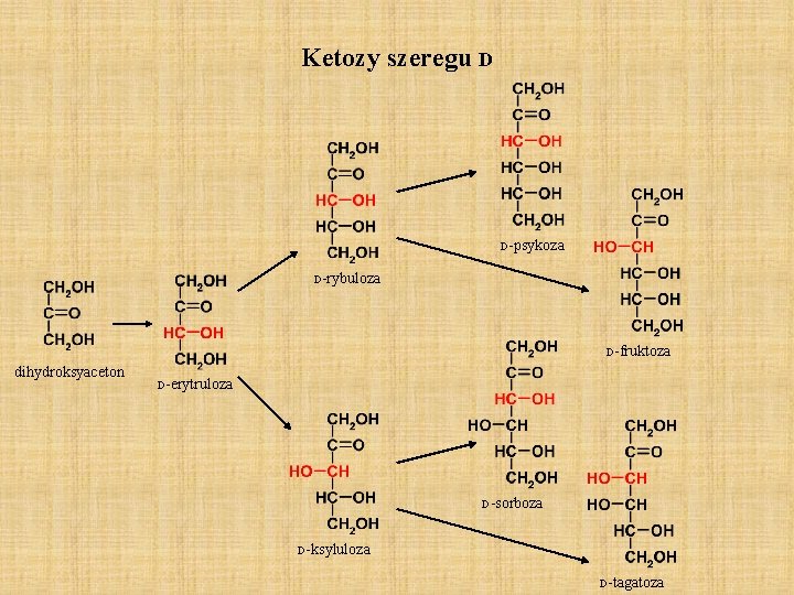 Ketozy szeregu D D-psykoza D-rybuloza D-fruktoza dihydroksyaceton D-erytruloza D-sorboza D-ksyluloza D-tagatoza 