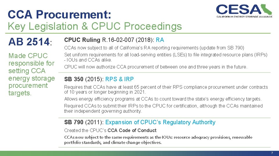 CCA Procurement: Key Legislation & CPUC Proceedings AB 2514: Made CPUC responsible for setting