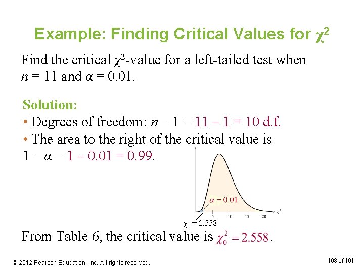 Example: Finding Critical Values for χ2 Find the critical χ2 -value for a left-tailed