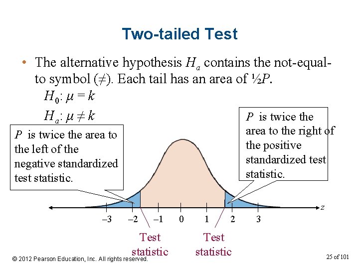 Two-tailed Test • The alternative hypothesis Ha contains the not-equalto symbol (≠). Each tail