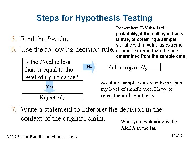 Steps for Hypothesis Testing 5. Find the P-value. 6. Use the following decision Is