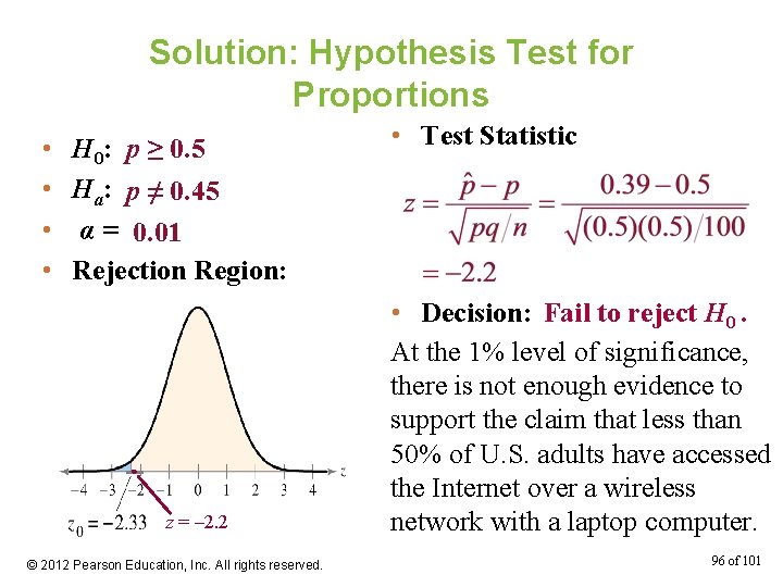 Solution: Hypothesis Test for Proportions • • H 0: p ≥ 0. 5 Ha: