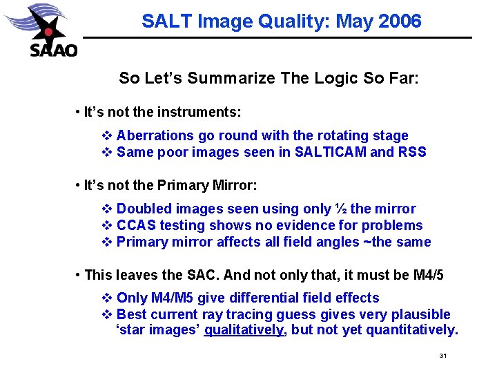 SALT Image Quality: May 2006 So Let’s Summarize The Logic So Far: • It’s