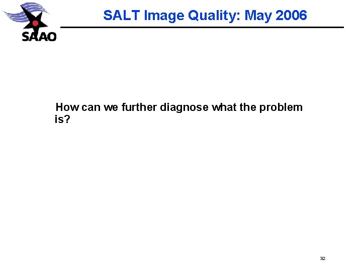 SALT Image Quality: May 2006 How can we further diagnose what the problem is?