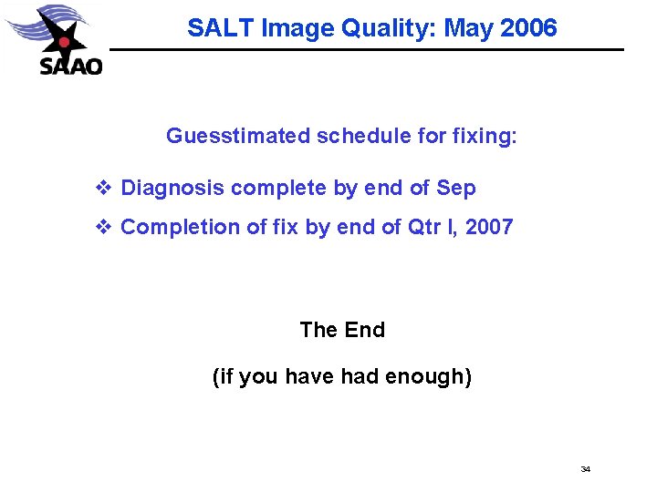 SALT Image Quality: May 2006 Guesstimated schedule for fixing: v Diagnosis complete by end