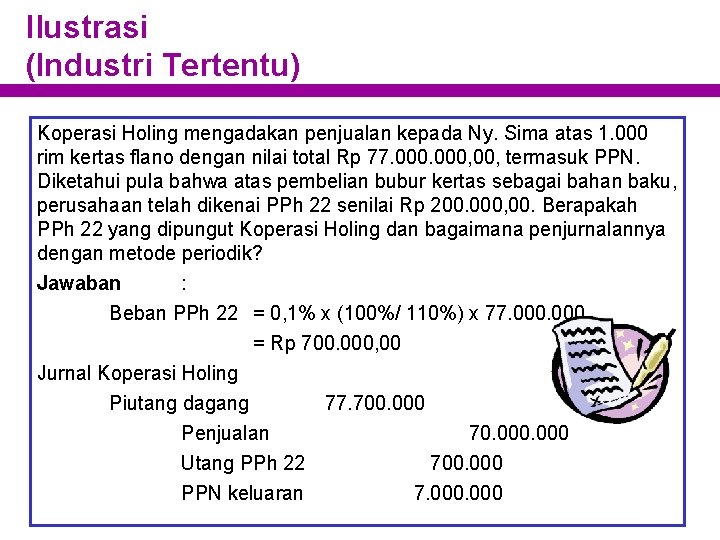 Ilustrasi (Industri Tertentu) Koperasi Holing mengadakan penjualan kepada Ny. Sima atas 1. 000 rim