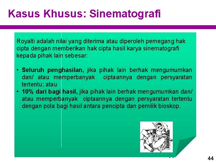 Kasus Khusus: Sinematografi Royalti adalah nilai yang diterima atau diperoleh pemegang hak cipta dengan