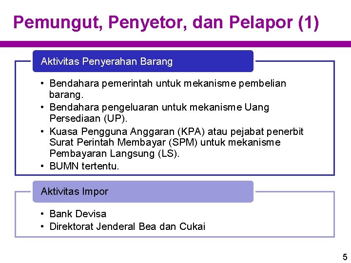 Pemungut, Penyetor, dan Pelapor (1) Aktivitas Penyerahan Barang • Bendahara pemerintah untuk mekanisme pembelian