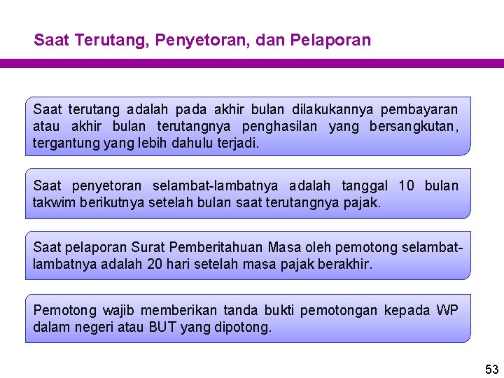 Saat Terutang, Penyetoran, dan Pelaporan Saat terutang adalah pada akhir bulan dilakukannya pembayaran atau