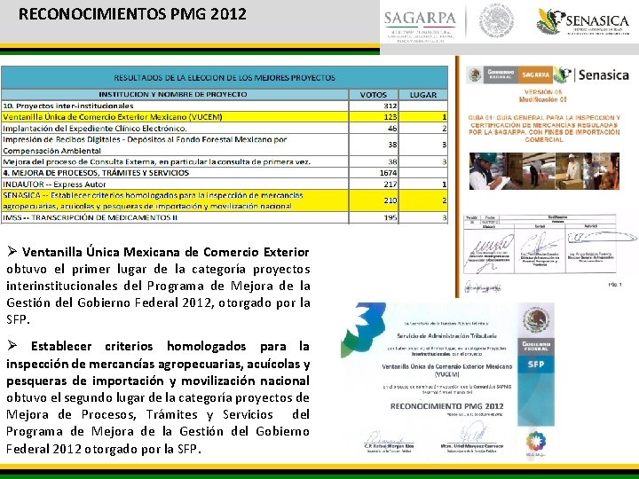 RECONOCIMIENTOS PMG 2012 Ø Ventanilla Única Mexicana de Comercio Exterior obtuvo el primer lugar
