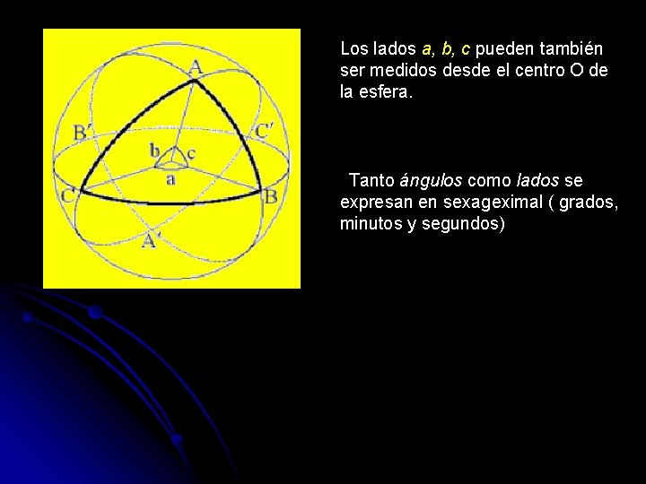 Los lados a, b, c pueden también ser medidos desde el centro O de