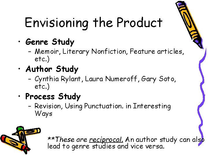 Envisioning the Product • Genre Study – Memoir, Literary Nonfiction, Feature articles, etc. )